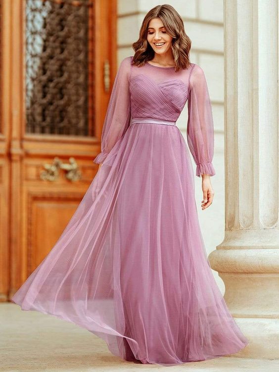 image of georgette lilac gown with sheer full sleeves